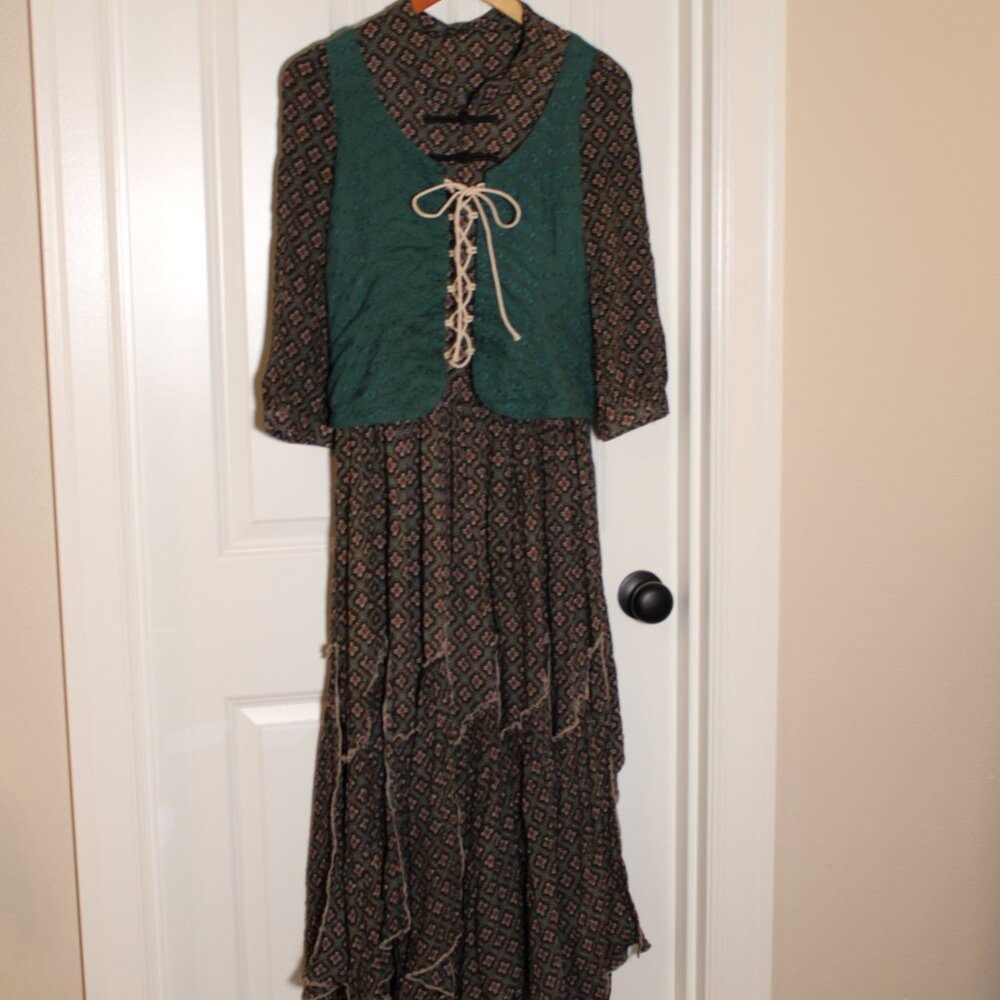 Vintage Style Black Green Corset Midi Dress Women’s M High Neck Handkerchief